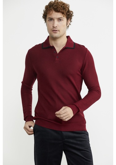 Polo Yaka Düğmeli Triko Kazak - Bordo 001