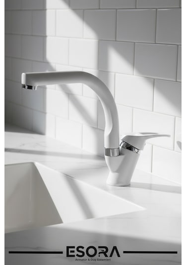 Beyaz Krom Banyo Lavabo Bataryası Musluğu Çeşmesi Çift Su Girişli