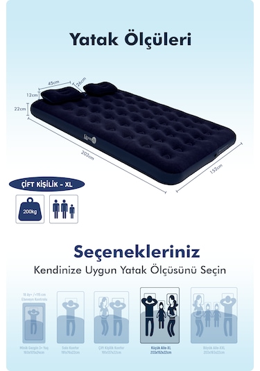 Livenzi Çift Kişilik Şişme Yatak & Yastık 203 152 22 Cm Lacivert