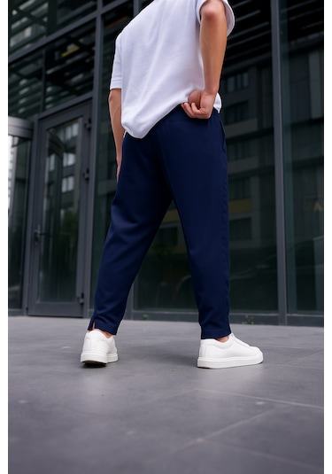 Erkek Lacivert Renk Esnek Likralı Fermuar Detaylı Jogger Pantolon-1804 Lacivert