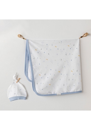 Erkek Bebek Battaniye Şapka Takım Blanket Hat Set 85x90 Beyaz