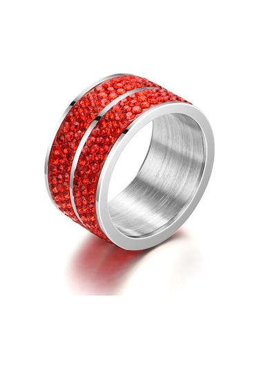 Kırmızı Yeni Titanyum Çelik Altı Sıralı Tam Zirkon Yüzük Avrupa Ve Amerika Moda Paslanmaz Çelik Çift Kakma Zirkon Yüzük El Aksesuarları 13 Kırmızı