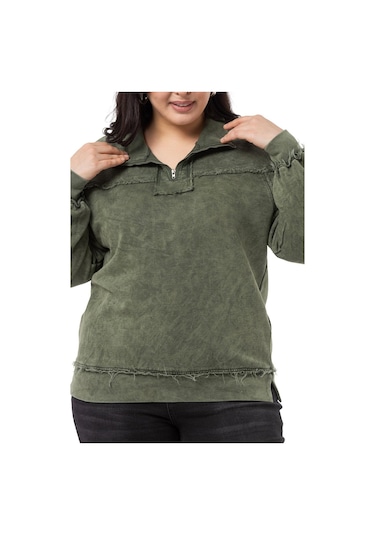 Büyük Beden Pis Dikişli Fermuarlı Yırtmaçlı Parça Boyalı Haki Sweatshirt-haki Haki