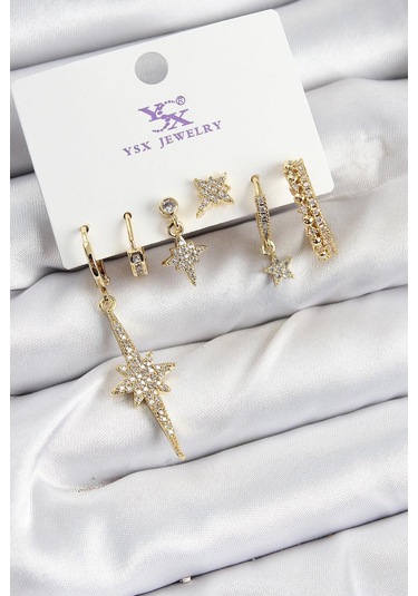 Pirinç Zirkon Taşlı Kutup Yıldızı Model Gold Renk 3'lü Çift Kadın Küpe Çok Renkli