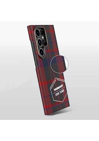 Galaxy S24 Ultra Uyumlu Kılıf Ekose Desenli Youngkit Gezhi Serisi Kapak Kırmızı