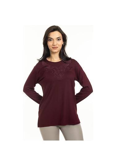 Kadın Orta Yaş Ve Üzeri Yeni Model Yuvarlak Yaka Likralı Anne Penye Bluz 30550-Bordo