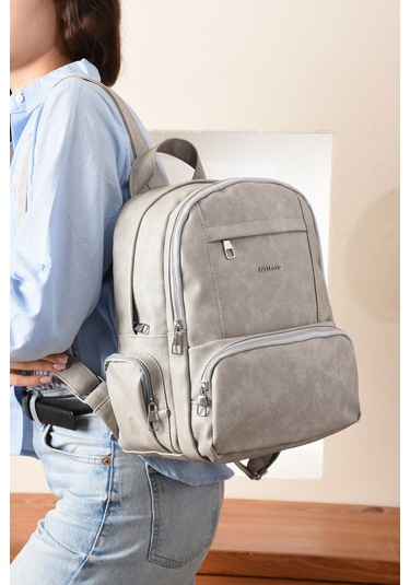 Just Polo Kadın Eskitme Suni Deri Çok Cepli Günlük Sırt Çantası Pbu3000 Gri