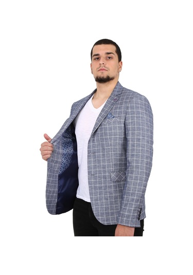 Sposo 5137 Dar Kalıp Kareli Lacivert Erkek Blazer Ceket Lacivert
