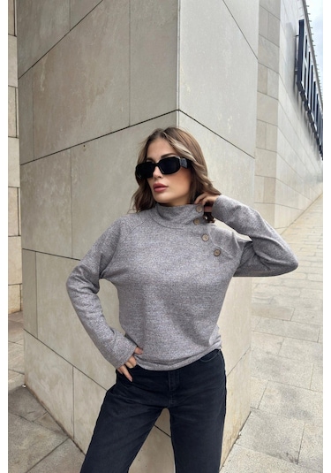 Kadın Gri & Pudra Tonlu Kendinden Desenli, Yumoş Kumaş, Uzun Kol, Düğme Detaylı, Boğazlı Bluz Pudra