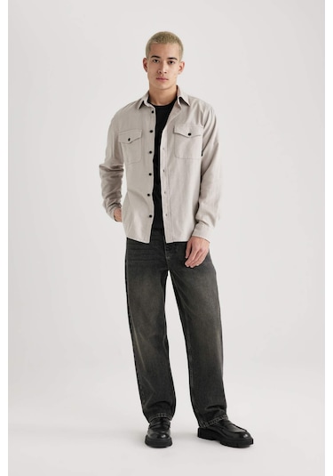 DeFacto Regular Fit Polo Yaka Basic Düz Pamuklu Uzun Kollu Gömlek B2654AX24SPGR302