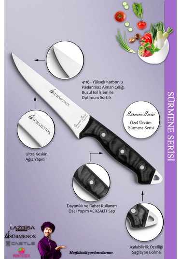Sürmene Serisi Mutfak Bıçak Seti Et Ekmek Sebze Salata Bıçağı 3 Lü Set Siyah Mft-132 Siyah