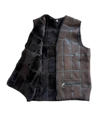 Patchwork İçi Kürk-dışı Süet Deri Biye Detaylı Yelek Acı Kahve