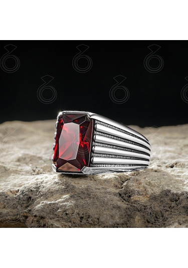 Gümüş Oktagon Kırmızı Zirkon Taşlı Erkek Yüzük Gümüş
