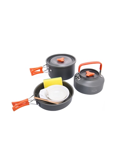 Wıdesea Wsc-203J 2-3 Kişilik Alüminyum Kamp Tencere Seti Çaydanlık Kızartma Tavası Bpa Içermez Fda Sertifikalı Değil - Gri/Turuncu