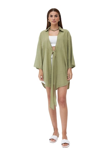 Laluvia Pamuklu Flam Keten Kadın Kimono Gömlek - Haki