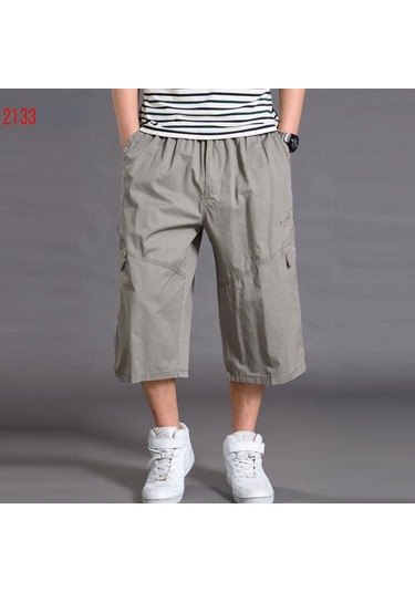Yaz Erkek Gevşek Kargo Pantolon Rahat Büyük Artı Boyutu Geniş Bacak Çok Yönlü Şort Kırpılmış Pantolon Eşofman Altı Haki
