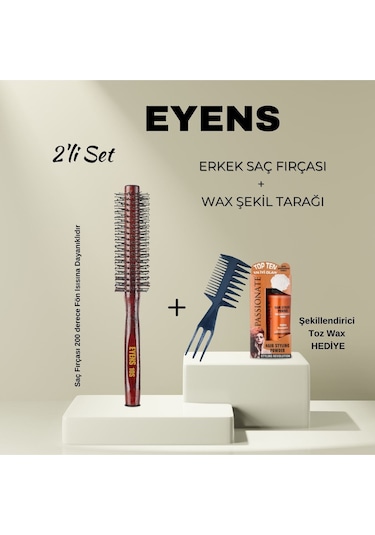 Eyens 2'li Erkek Tarama Seti Fön Fırçası + Wax Şekil Tarağı Şekillendirici Wax Hediye