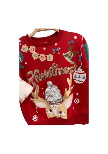 Kız Çocuk Sevimli Geyik Payet Detaylı Kırmızı Renk Sweatshirt 3 İplik Kırmızı - Yeşil