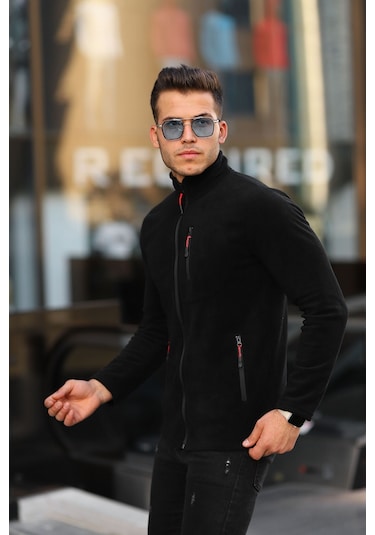 Kozik Standart Kalıp Tam Fermuarlı 3 Cepli Erkek Polar - Siyah