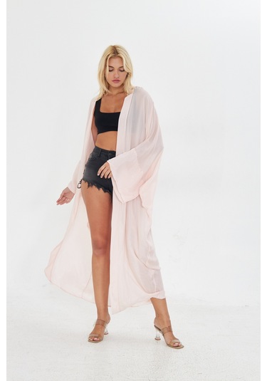Kutaf Pudra Pembe Uzun Soft Kimono Açık Kahverengi