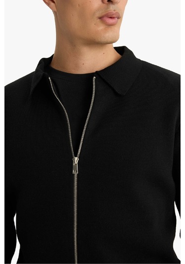 Defacto Standart Fit Polo Yaka Basic Düz Fermuarlı Triko Hırka D3592ax25wnbk27 Siyah