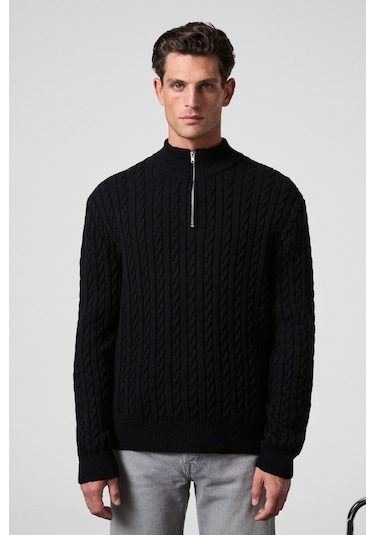 IVAR Erkek Yarım Fermuarlı Dik Yakalı Saç Örgü Desenli Triko Siyah Kazak