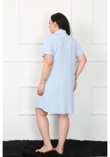 Akbeniz Büyük Beden Penye Düğmeli Mavi Tunik Gecelik 1025-mavi Mavi