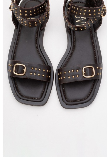 Carril Kahverengi Hakiki Deri Troklu Kadın Sandalet Kahverengi