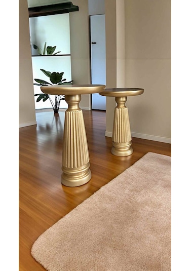 Modern Mantar Sehpa 2 Li Set Ahşap Ve Altın Varak Yan Sehpa