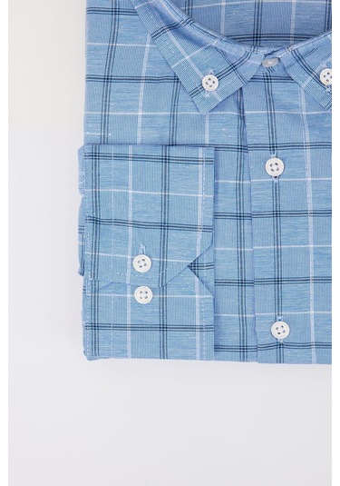 Tudors Büyük Beden Düğmeli Yaka Kareli Pamuklu Mavi Erkek Gömlek-29039-mavi Mavi