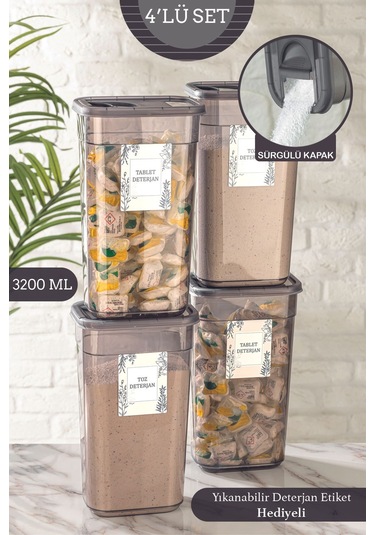 4'lü Sürgülü Kapaklı Leaf Tablet Deterjan Saklama Kabı - Etiketli Dikdörtgen Saklama Kutusu 3,2 Lt Antrasit