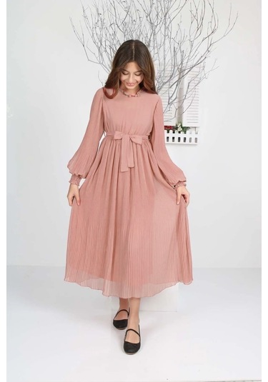 Kız Çocuk Uzun Boydan Pliseli Şifon Elbise Pudra
