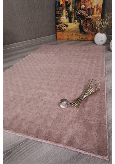 Dekoratif Bubble Uzun Tüylü Yumuşak Puffy Peluş Kaymaz Yıkanabilir Salon Antre Halı Yolluk Pembe