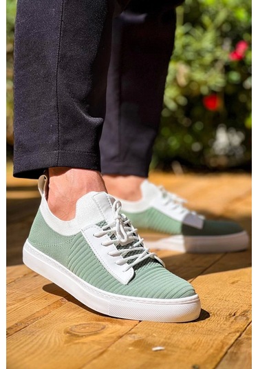 Yeşil Triko Yüksek Taban Bağcıklı Günlük Erkek Ayakkabısı Yeşil