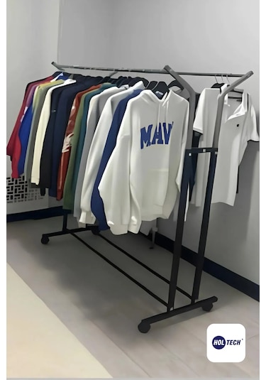 Ayarlanabilir Metal Konfeksiyon Askısı Çiftli Portatif Vitrin Siyah