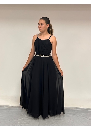 Kız Çocuk Abiye Askılı Siyah Şifon Drape Ve Taş Detaylı Abiye Elbise 10-15 Yaş Siyah