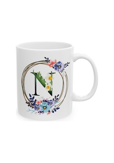 N Harf Baskılı Hediyelik Baskılı Porselen Beyaz Lüks Kupa Bardak Beyaz