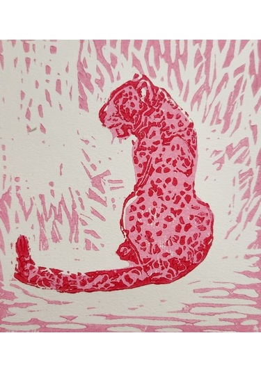 Özgün Baskı - Pembe Leopar Resmi - Linolyum