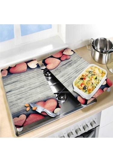 Dekoratif Cam Ocak Koruyucu Ve Kesim Tahtası Dokulu Kalpler 60cm