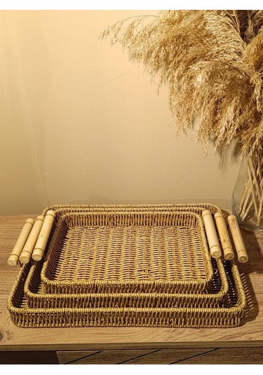 Hasır Rattan Sunum Tepsi 3'lü Organizer Bambu Kulplu Dikdörtgen Diğer