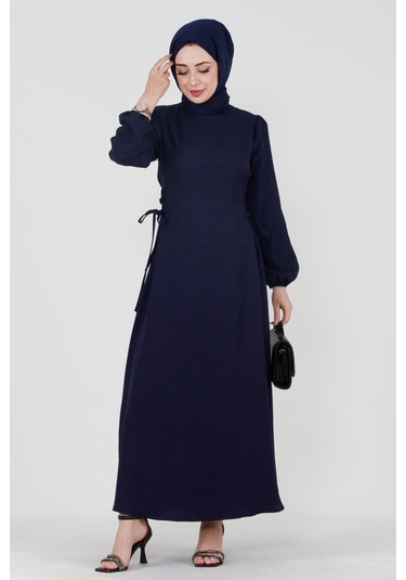 Yanı Bağcıklı Keten Elbise-lacivert-4077-lacivert Lacivert