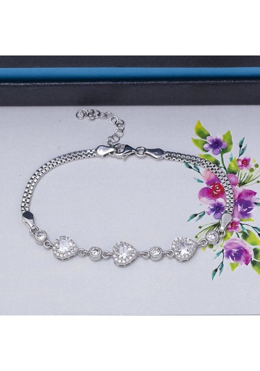 Kalp Model-2 Zirkon Taşlı 925 Ayar Gümüş Kadın Bileklik