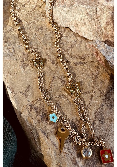 Kaplan Model Anahtar Tasarım Zirkon Taşlı Örgü Zincir Kadın Paslanmaz Çelik Gold Renk Kolye Altın