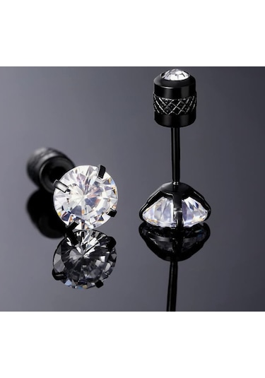 Siyah Paslanmaz Çelik Vidalı Beyaz Zirkon Taşlı Unisex/erkek Beyaz - Siyah