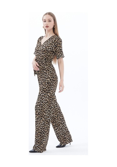 Kadın Krep Beli Kemerli Ve Fermuarlı Tulum-leopar Leopar