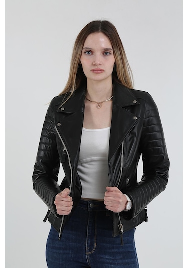 Derinss 1515 Hakiki Deri Kadın Siyah Mont