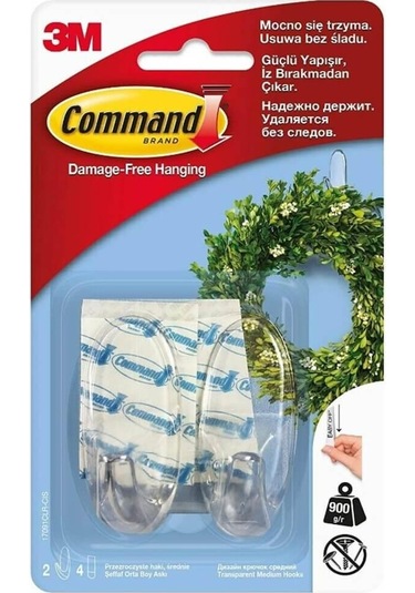 3m Command 17091clr-cee Orta Boy Şeffaf Askı, Max 900 Gr 2 Askı + 4 Orta Boy Cırt Bant