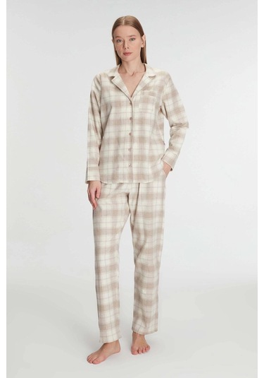 Pamuklu Uzun Kol Gömlek Pantolon Pijama Takımı Ten