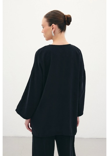 Sateen Düğmeli Kimono - Siyah Siyah
