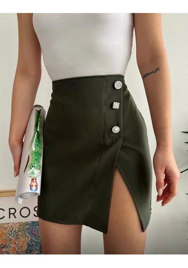 Üç Taşlı Mini Etek Haki